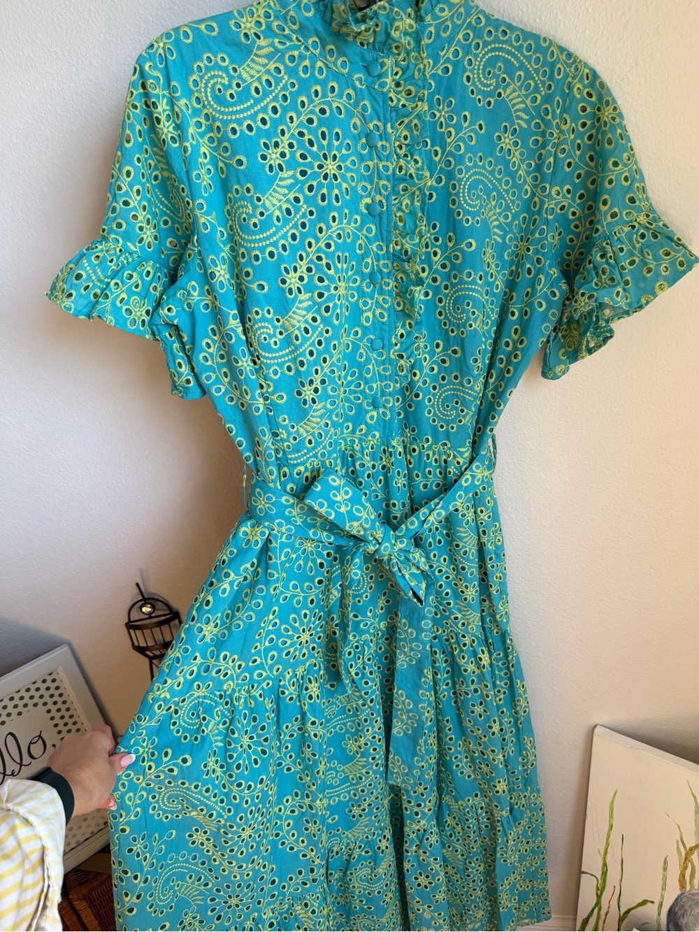 NWT Abbey Glass Sadie Maxi Dress Teal and Chartreuse Jasmine Eyelet Sz XL - Picture 10 of 15
